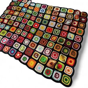Multicolored Crochet Granny Square Afghan Throw Blanket with Black Border